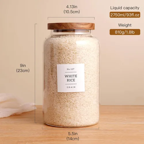 Miniatura 3 de CZHQSMZ Juego de 2 tarros grandes de vidrio con tapa hermética de acacia y 132 etiquetas para cocina y despensa, tarros de vidrio transparente