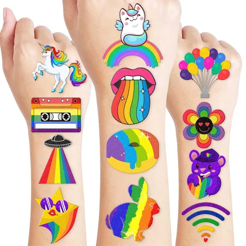 100 tatuajes temporales coloridos para niños y adultos, calcomanías falsas de neón arco iris, recuerdos de fiesta de cumpleaños de color,
