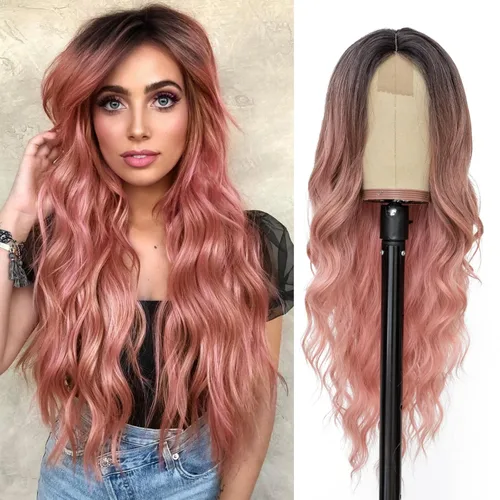 NAYOO Peluca larga ondulada rosa degradado para mujer, de 26 pulgadas, parte media, rizada, ondulada, de aspecto natural, fibra sintética resistente