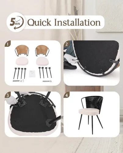 Miniatura 8 de BedsPick Juego de 6 sillas de comedor de ratán, silla de cocina de ratán tapizada de polietileno con cojín de bucle, asiento de comedor con respaldo