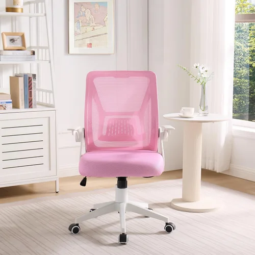Miniatura 2 de VECELO Silla de oficina ergonómica giratoria de respaldo medio con brazos ajustables, soporte lumbar de malla para trabajo de computadora, rosa