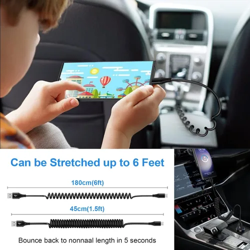 Miniatura 6 de Cable USB C a USB, Android Auto de 3 pies + 5 pies en espiral para automóvil, cable retráctil de carga rápida tipo C para Samsung Galaxy S26 Ultra
