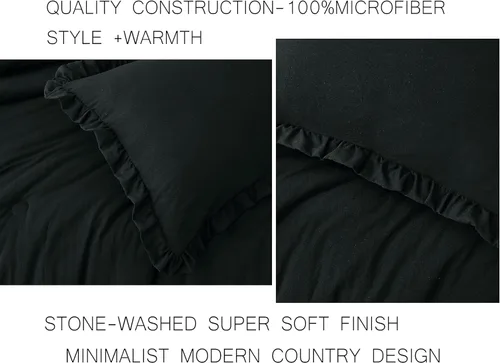 Miniatura 3 de Chezmoi Collection Nora - Juego de edredón negro tamaño King de 3 piezas, esponjoso, suave, lavado a la piedra, con volantes, ropa de cama Shabby