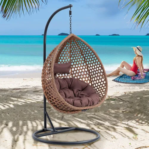 Miniatura 17 de Swining - Silla de huevo con soporte, sillas colgantes de mimbre de ratán para huevos, silla columpio para patio con cojín resistente a los rayos