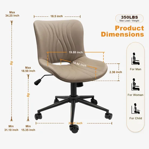Miniatura 2 de Silla de Oficina, Silla de Escritorio Sin Brazos con Ruedas, Sillas Ergonómicas Cómodas para Oficina en Casa y Computadora, Silla de Tocador de Caqui