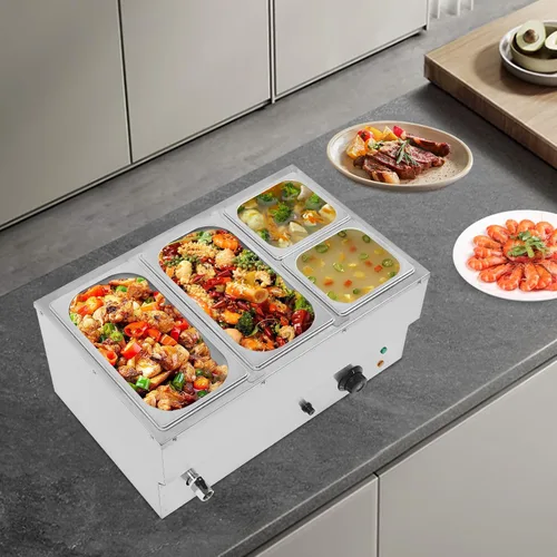 Miniatura 4 de Calentador de sopa de alimentos de 110 V, 4 sartenes, mesa de acero inoxidable de grado alimenticio, encimera comercial, cafetería de buffet