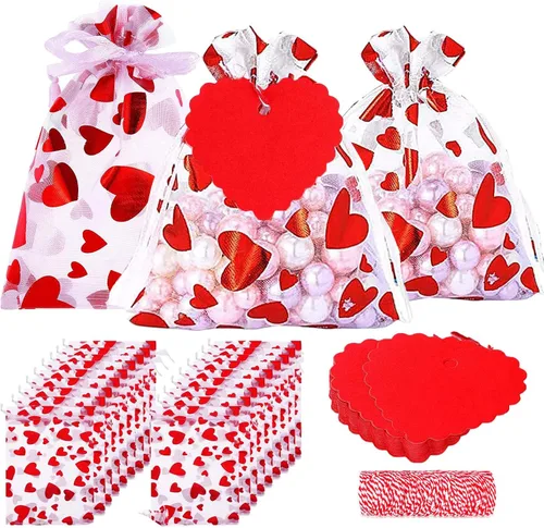 Miniatura 8 de eyigylyo Bolsa de arpillera de corazón para el día de San Valentín con cordón, 12 bolsas de dulces de San Valentín, bolsas de joyería para el día
