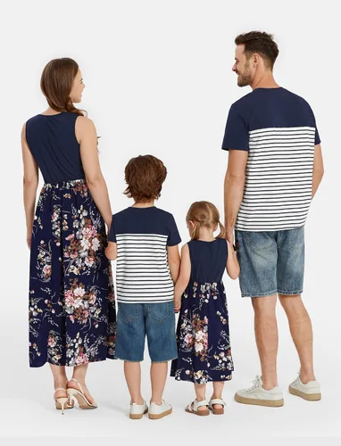 Miniatura 2 de PATPAT Conjuntos familiares a juego para mamá y yo, vestidos tropicales bohemios florales sin mangas, vestidos largos y camisetas a juego, Azul