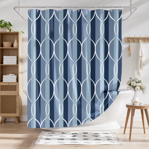 Miniatura 8 de AmazerBath Cortina de ducha azul, juegos de cortinas de ducha geométricas de tela con 12 ganchos para cortina de ducha, cortinas de ducha de Rayas