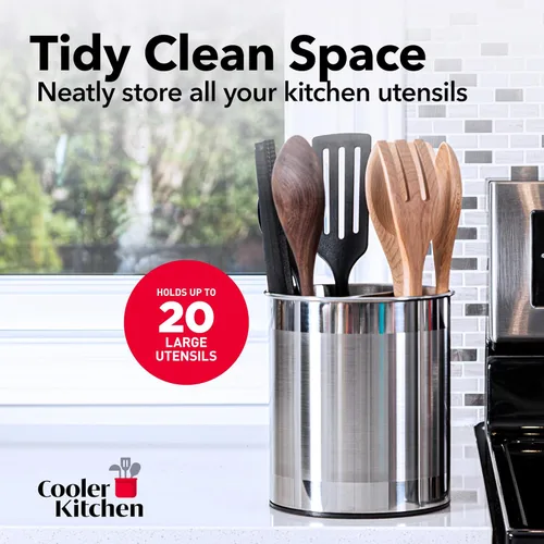 Miniatura 6 de Cooler Kitchen Portautensilios Giratorio Extra Grande de Acero Inoxidable con Base Pesada Estable Anti-Volcado, Divisor Extraíble, e Inserto Plateado