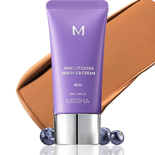 MISSHA M PERFECT COVER SERUM BB CREAM No.33 Tan -Tan con tono cálido, BB Cream de Cardi B Pick, tinte para la piel, crema hidratante con tinte,
