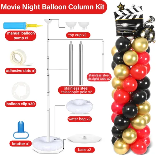 Miniatura 2 de Juego de 2 soportes de columna de globos nocturnos de película con 102 globos de aluminio de palomitas de maíz, soporte de torre ajustable de 5.57