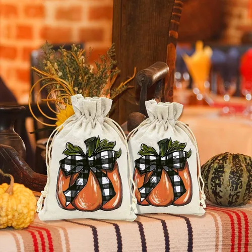 Miniatura 5 de Whaline Paquete de 24 bolsas de arpillera de otoño, bolsas con cordón de calabaza, bolsas de regalo de calabaza a cuadros de acuarela, bolsa
