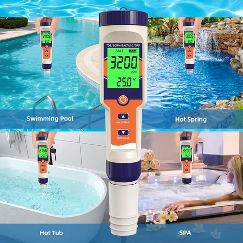 Miniatura 5 de Probador digital de sal de piscina 7 en 1 pH, ORP, salinidad, TDS, EC, medidor de temperatura para piscinas de agua salada, jacuzzis, spas