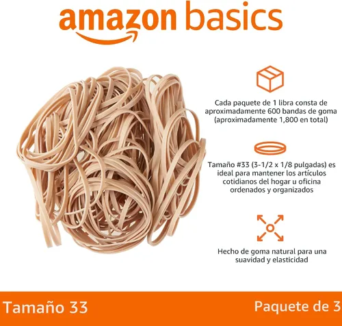 Miniatura 2 de Amazon Basics Bandas de goma, suministros de oficina, tamaño 33 (3-1/2 x 1/8 pulgadas), elásticas, 600 bandas/paquete de 1 libra, paquete de 3