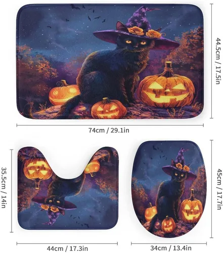Miniatura 3 de Juego de 4 cortinas de ducha divertidas con diseño de gato, calabaza, luna, con alfombras, tapa de inodoro y tapete de baño, farol de Halloween