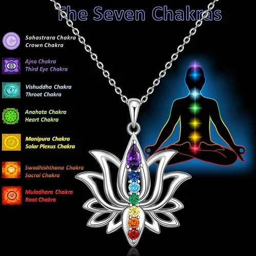 Miniatura 3 de Jewlikee Collar de 7 chakras colgante de loto plata de ley para yoga chakras piedra curativa collares para mujer equilibrio energético Plata