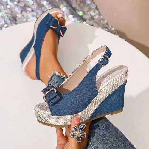 Miniatura 7 de Sandalias de cuña de mezclilla para mujer 2026 con puntera abierta, alpargatas con lazo, zapatos casuales de playa de verano para viajes, fiestas