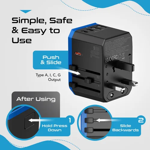 Miniatura 6 de Ceptics Adaptador de enchufe de viaje internacional mundial de 70 W - Potente tecnología GaN con Pd y QC 3.0 Dual 3X USB-C Power - 2 puertos USB