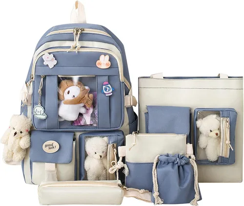Mochila escolar estética kawaii, juego de 5 piezas con bonitos pines colgantes de oso, mochila pequeña para laptop, kit esencial Azul