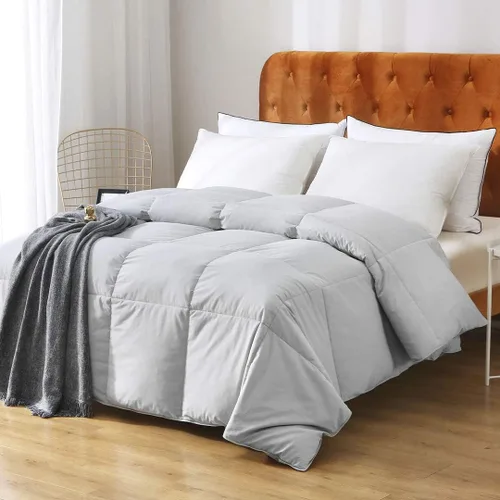 Edredón de plumón gris matrimonial/queen - Funda de algodón 100% orgánico, calidez media para todas las estaciones, lavable a máquina, relleno de