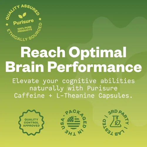 Miniatura 6 de Purisure Cápsulas de teanina de cafeína, píldoras de cafeína 100 mg L teanina para pre entrenamiento, energía y claridad, píldoras energéticas