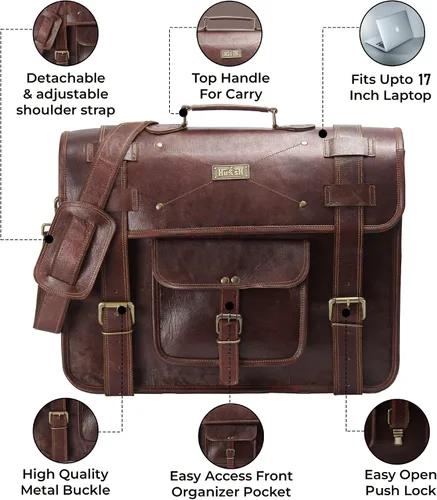Miniatura 3 de Bolso de mensajero de cuero de grano completo para hombres Bolsa de cuero para computadora portátil para hombres, maletín de cuero genuino bolsa