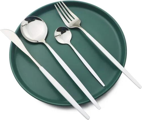 Miniatura 2 de Juego de cubiertos plateados con mango blanco, 24 piezas de acero inoxidable brillante, cubiertos para 6, aptos para lavavajillas Mango blanco plata