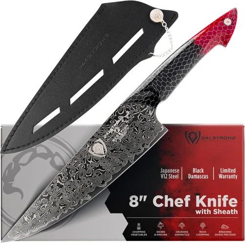 Dalstrong Cuchillo de chef de 8 pulgadas - Serie Scorpion - Acero V12 Ultra™ japonés exclusivo - Damasco negro - Mango de resina negra y roja de