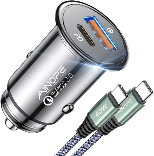AINOPE Cargador de coche de 67.5 W USB C de carga rápida, PD 45 W USB C cargador de coche carga rápida 【Mini y metal】 Adaptador de encendedor de