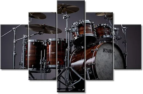 Miniatura 45 de Arte de pared en blanco y negro, kit de batería de jazz morado sobre fondo negro, pinturas de 5 paneles, lienzo, arte de pared para decoración