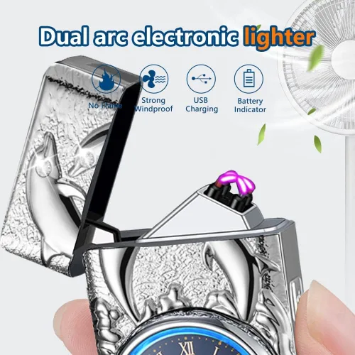 Miniatura 2 de GADATOP Encendedores eléctricos recargables, encendedores de plasma de diseño vintage, con reloj de delfín 3D, luz LED para acampar (plateado)