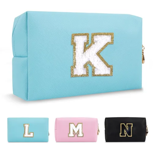 Miniatura 163 de Pequeña bolsa de maquillaje personalizada con inicial A-Z Preppy Patch, bolsa de cosméticos de viaje de felpilla blanca con cremallera, bonita bolsa