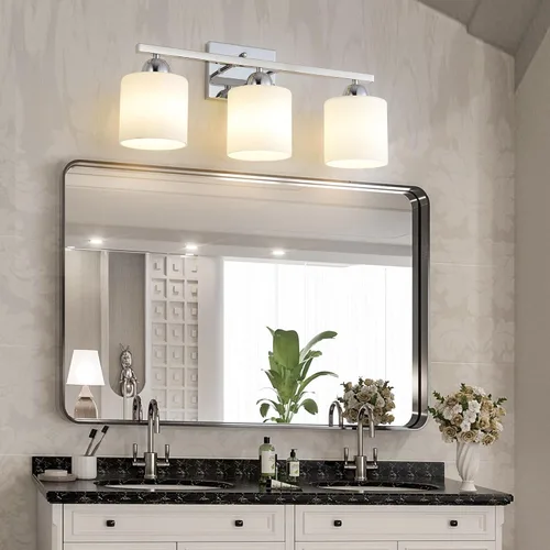 Miniatura 6 de Mecgirn Luces de tocador de vidrio de leche de acero inoxidable para baño, 3 luces cromadas de baño sobre espejo, enchufes E26 de cerámica montados
