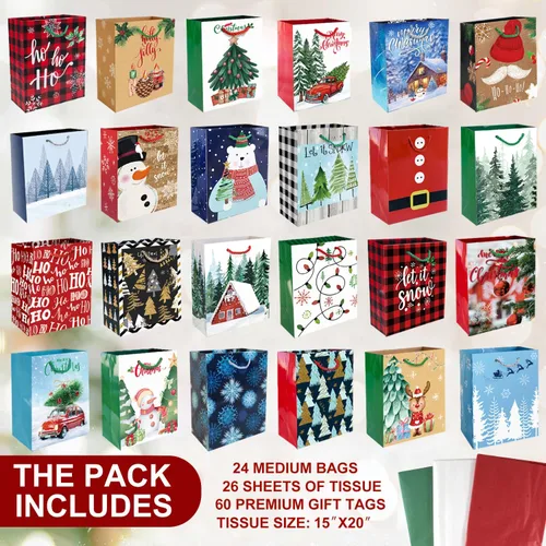 Miniatura 5 de Party Funny Juego de 24 bolsas pequeñas de regalo de Navidad a granel con asas, 26 papel de seda y 60 etiquetas de regalo de Navidad, 24 diseños