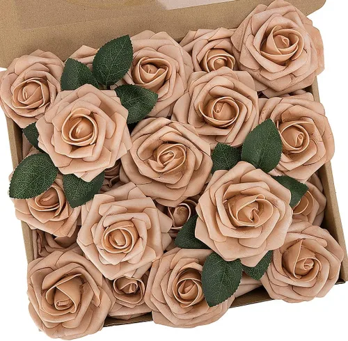 Miniatura 11 de N&T NIETING 25 unidades de flores artificiales, Rosas de espuma artificial de sensación real al tacto, decoración para boda, dama de honor, ramo