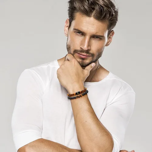 Miniatura 2 de M MOOHAM Pulseras de cuentas para hombre, pulsera con inicial de piedra natural de 0.315 in para hombres, pulseras de ojo de tigre de roca de lava