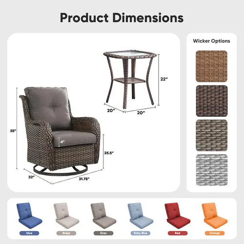 Miniatura 2 de Belord Juego de Muebles de Patio Mecedora Giratoria - 3 Piezas Sillas Mecedoras Deslizantes para Exteriores con Mesa Auxiliar Pequeña