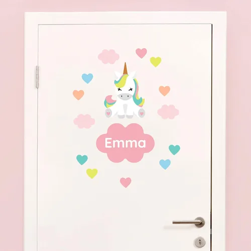 Calcomanías de puerta personalizadas para la habitación del bebé y los niños, calcomanías de pared con nombre, despegar y pegar, unicornio sentado