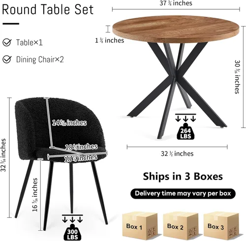 Miniatura 2 de NORDICANA Juego de mesa de comedor y sillas de 3 piezas, juego de mesa redonda de madera de ingeniería de 37 pulgadas con sillones de sherpa Negro