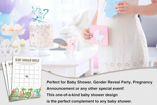 Miniatura 4 de Juegos de baby shower para niños y niñas, juego de bingo de dinosaurio para baby shower, decoración de fiestas de revelación de género, tarjetas