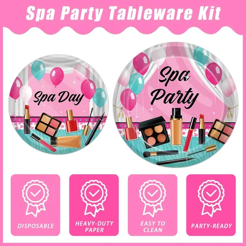 Miniatura 3 de Kepeel 96 piezas de platos y servilletas para fiesta de spa, suministros de decoración para fiesta de maquillaje de día de spa para niñas, niñas