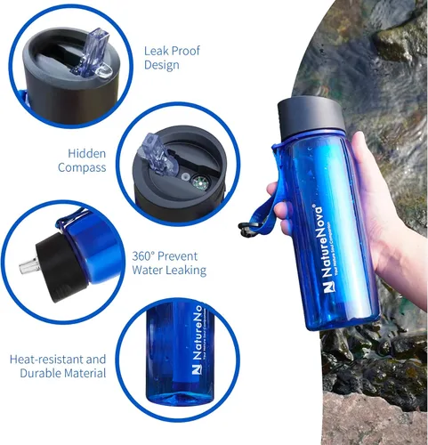 Miniatura 5 de Botella con filtro de agua con filtro integrado de 4 etapas, sin BPA para camping, senderismo, mochileros, emergencia y viajes, color negro, 22.0 fl