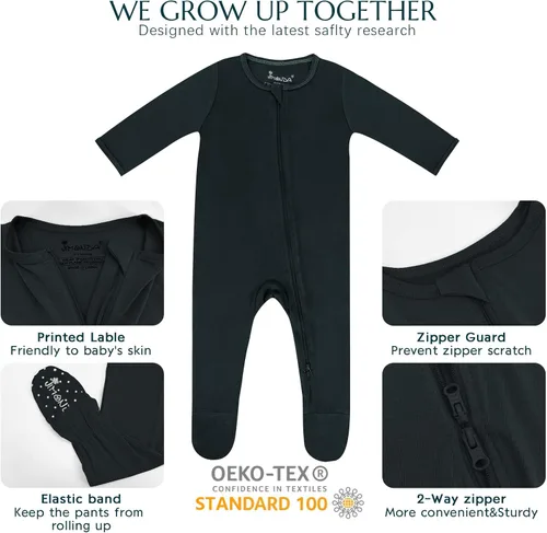 Miniatura 26 de Jimonda Pijama de bambú para bebé, unisex, para niños y niñas, de una pieza, manga larga, cierre de cremallera de 2 vías, mameluco