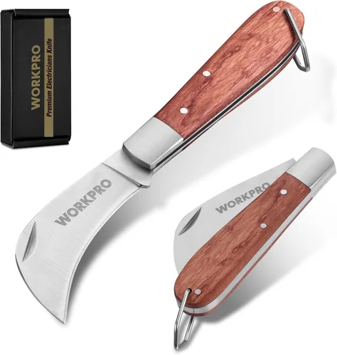 Miniatura 9 de WORKPRO Cúter, cuchillo de bolsillo plegable para electricista con filo liso de acero inoxidable para pelado de cables para electricistas