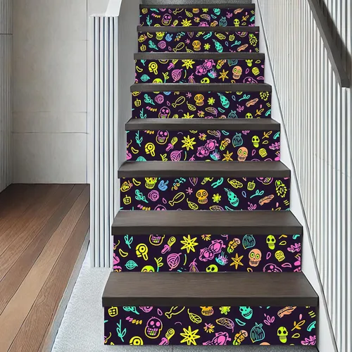 Miniatura 7 de HOMETITUTE Papel tapiz de calavera de neón para despegar y pegar, arte callejero de graffiti, mural de pared reactivo a la luz negra, adhesivo