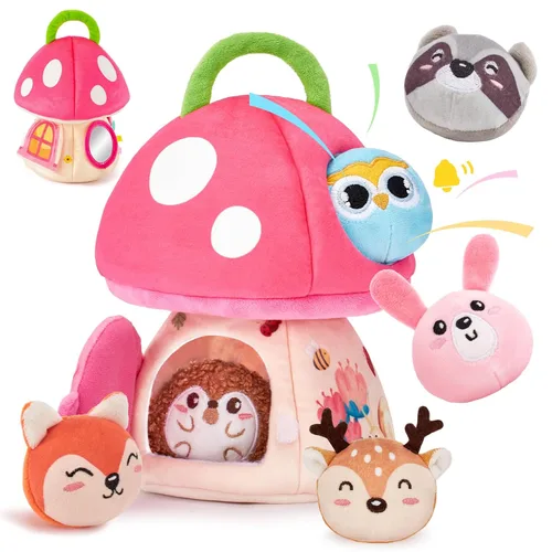 hahaland Juguetes para bebés de 6 a 12 meses – Juguetes Montessori para niña de 6 meses, mi primera casa de hongos con animales rellenos de la