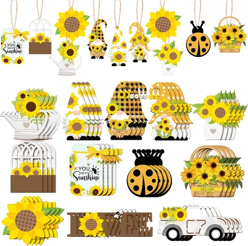 Paquete de 48 adornos de gnomo de girasol para árbol de verano, colgante de madera con flores amarillas, decoraciones de fiesta de verano, recuerdos