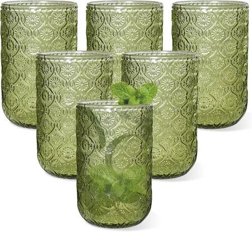 Juego de 6 vasos vintage verdes para beber, vasos para beber de 14 onzas con diseño hobnail, cristalería con vasos tipo tumbler de agua verdes en