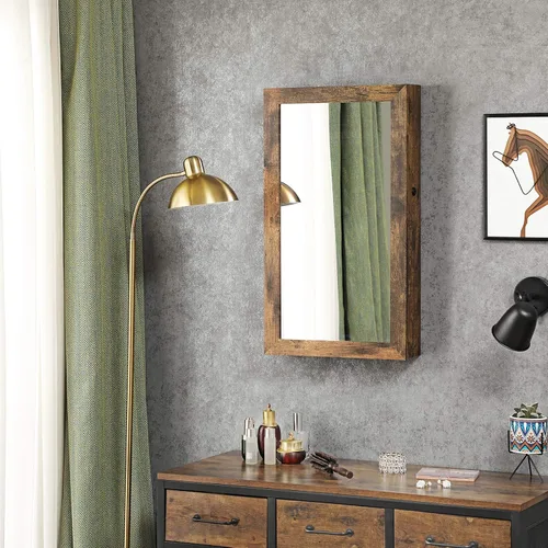 Miniatura 4 de SONGMICS Armario de joyería con cerradura con espejo, organizador de almacenamiento de joyas para ahorrar espacio montado en la pared, color marrón